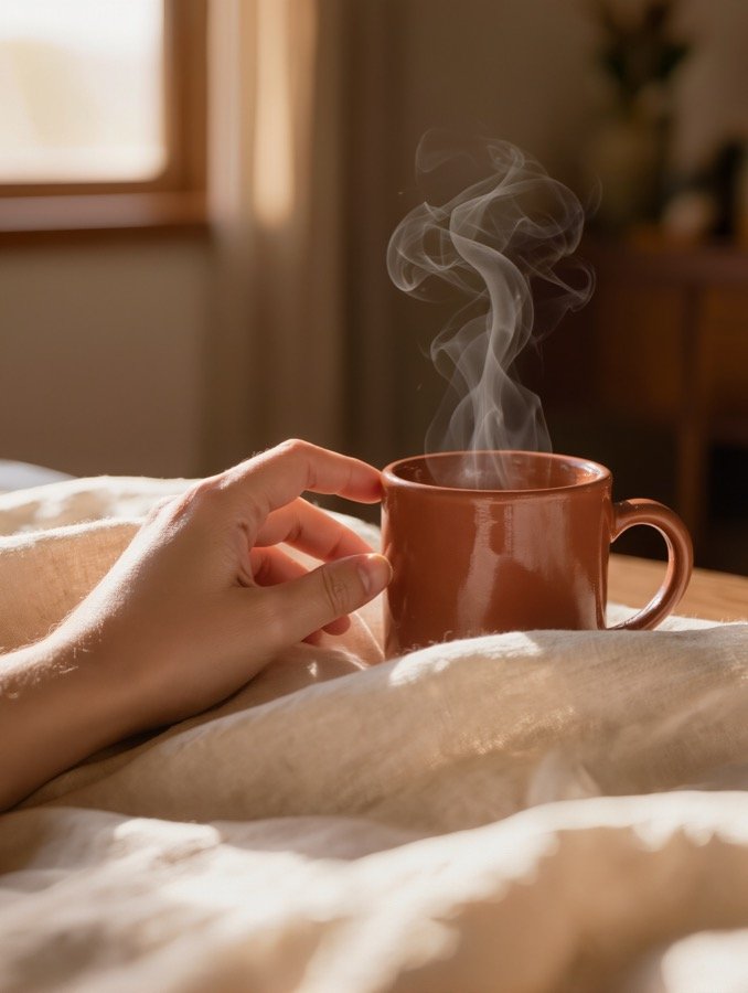 Une main qui vient chercher une tasse fumante, dans une lumière douce du matin